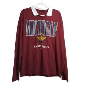 ASOS DESIGN Oversized Long Sleeve Polo T-shirt Burgundy Michigan Print Size L